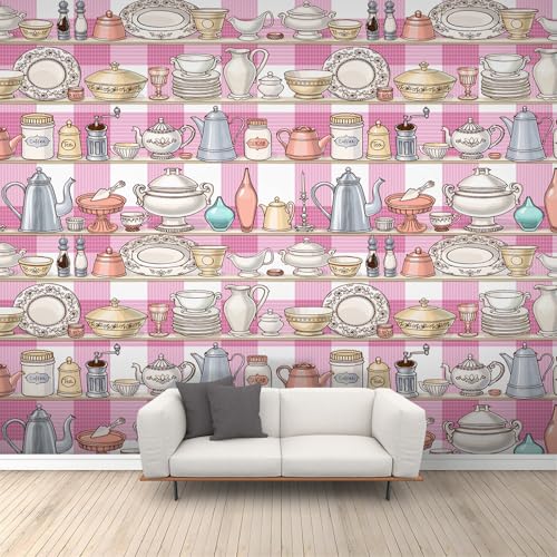 Vintage Geschirr Tapete Elegante Wandbilder für Wände Landhaus Tapete Rosa Karierte Tapete für Schlafzimmer Wohnzimmer Poster 100 X 70 cm Vintage Geschirr Tapete Elegante Wandbilder für Wände Landhaus Tapete Rosa Karierte Tapete für Schlafzimmer Wohnzimmer Poster 100 X 70 cm von Generic