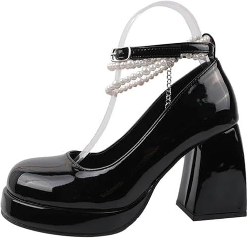 Vintage High Heels Mary Jane Schuhe Für Frauen Mode Lackleder Plattform Pumps Frau Perlenkette Dicke Absätze, Black, 5 UK Vintage High Heels Mary Jane Schuhe Für Frauen Mode Lackleder Plattform Pumps Frau Perlenkette Dicke Absätze, Black, 5 UK von Generic