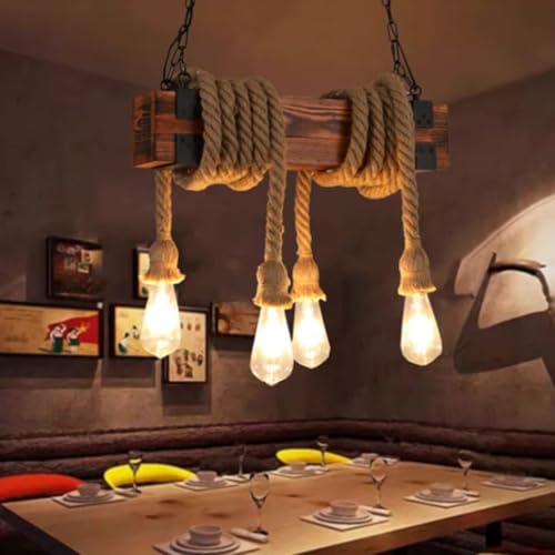 Vintage Holz Pendelleuchte Retro Hanf Seil Hängelampe Industrielle Hängelampe 4-Flammen Kronleuchter E27 Retro Pendelleuchte Pendelleuchte Büro Wohnzimmer Loft Esszimmer Deckenleuchten L: 5 von Generic