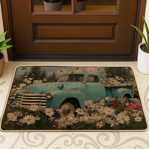Vintage-LKW-Fußmatte, aquablau, Eingangsmatte für Frühling und Sommer, Blumenmuster, Gummi, wasserdicht, rutschfest, staubabweisend, pflegeleicht, 73,2 x 43,2 cm von Generic