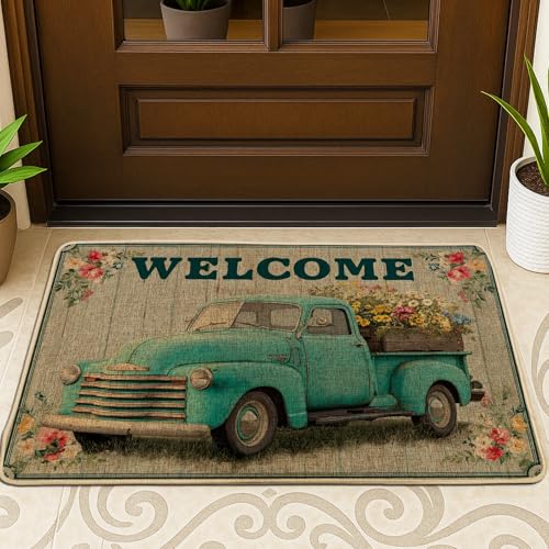 Vintage-LKW-Fußmatte, blaugrün, Willkommensmatte für Frühling und Sommer, für Innen- und Außenbereich, Eingangsdekoration, Blumenmuster, rutschfest, Gummi, Staubschutz, leicht zu reinigen, 73,2 x 43,2 von Generic