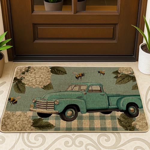 Vintage-LKW-Fußmatte, blaugrün, für Frühling, Außen- und Inneneingang, Landdekoration, Gummi, wasserdicht, rutschfest, staubabsorbierend, leicht zu reinigen, 73,2 x 43,2 cm von Generic