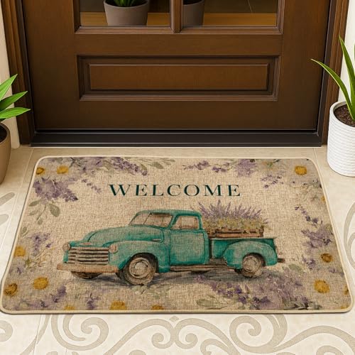 Vintage-LKW-Fußmatte, blaugrünes Blumenmuster, Willkommensmatte für Frühling, Innen- und Außenbereich, rutschfest, staubabsorbierend, leicht zu reinigen, 73,2 x 43,2 cm von Generic