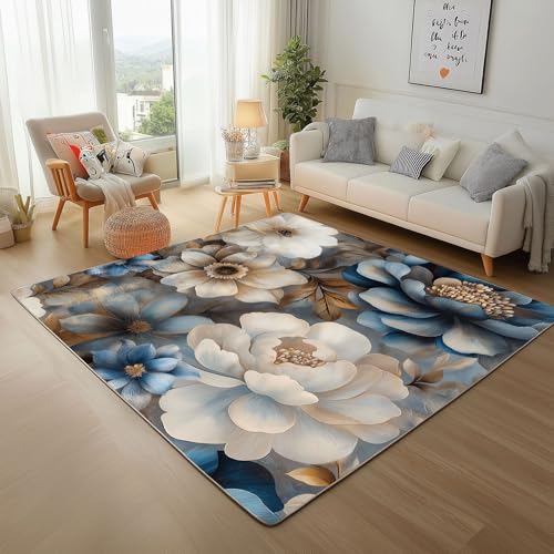 Vintage Pflanze Blumen Blau Teppich Wohnzimmer 180x240cm Kurzflor Waschbarer Teppisch Super Weich rutschfest Natur Blumen Wohnzimmerteppich für Schlafzimmer Esszimmer von Generic