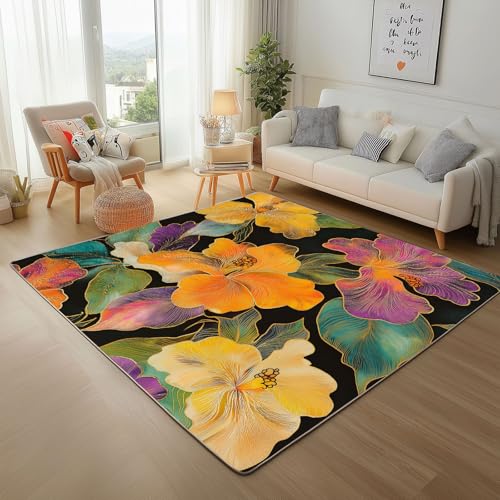 Vintage Pflanze Hibiskus Teppich Wohnzimmer 120x170cm rutschfest Kurzflor Kunstwolle Schlafzimmer Teppich Waschbar Gemalte Pflanzen und Blumen Bettvorleger Teppiche für Büro Bereich Dekor von Generic