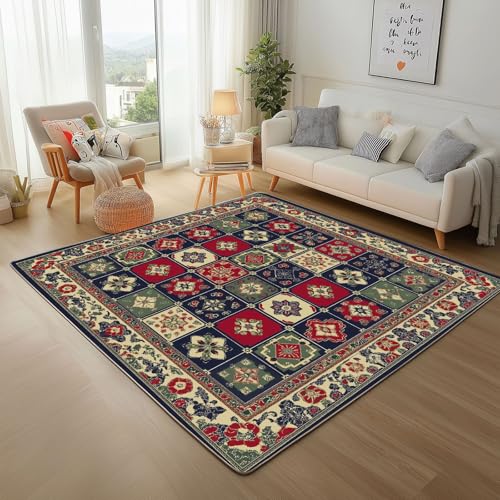 Vintage Rechteckig Geometrische Plaid Teppich Wohnzimmer 200x300cm Rugs for Living Room, Waschbare Teppiche Kurzflor rutschfest Weich Abstrakt Gemalte Blumen Teppisch für Schlafzimmer Kinderzimmer von Generic