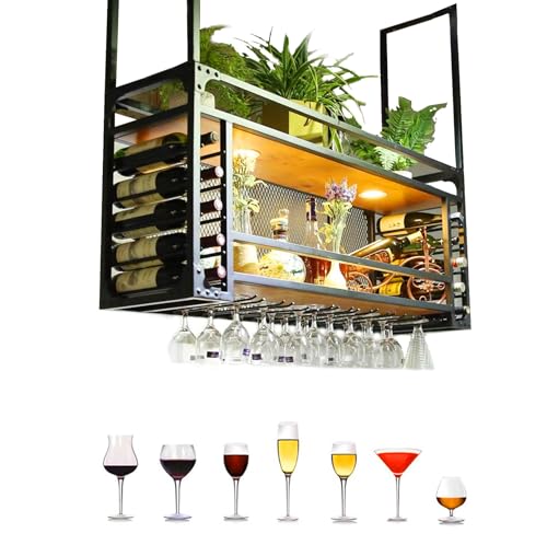 Vintage Stil LED Beleuchtet 85cm Freistehende Weinregale 2 Schicht Industrielle Hängende Weinflasche Halter für Bar Restaurant Cafe Dekorative Weinlagerung mit LED Licht Display für Weingläser von Generic