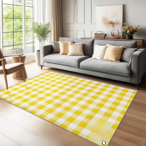 Vintage Waschbarer Teppich Wohnzimmer 140 x 200 cmKurzflor rutschfest Plaidfreshsimple Teppich Weich Teppiche mit Druckmuster für Schlafzimmer, Esszimme Gelb und Weiß von Generic