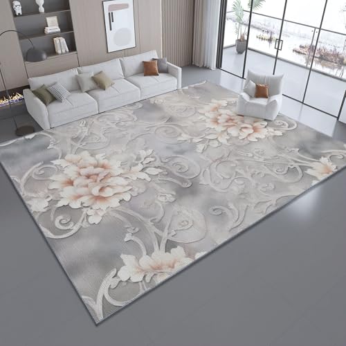 Vintage Waschbarer Teppich Wohnzimmer 160 x 230 cmKurzflor rutschfest BlumenEuropäischer StilLeichter Luxus Teppich Weich Teppiche mit Druckmuster für Schlafzimmer, Esszimme Weiße Esche von Generic
