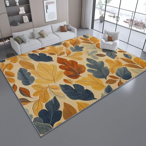 Vintage Waschbarer Teppich Wohnzimmer 60 x 110 cmKurzflor rutschfest BlätterNaturJahrgang Teppich Weich Teppiche mit Druckmuster für Schlafzimmer, Esszimme Gelb und Blau von Generic