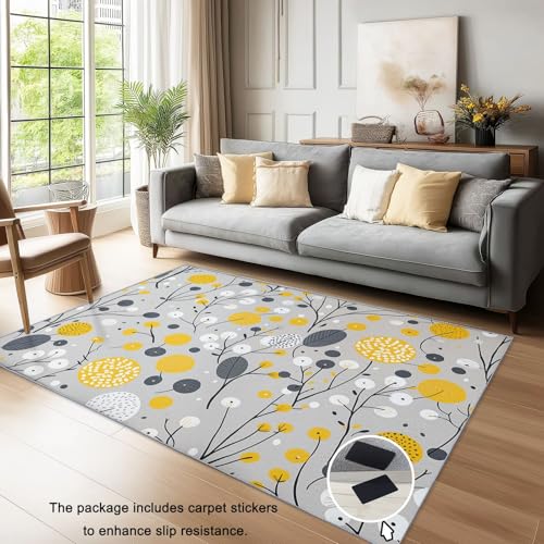 Vintage Waschbarer Teppich Wohnzimmer 90 x 150 cmKurzflor rutschfest PflanzenfrischeKunst Teppich Weich Teppiche mit Druckmuster für Schlafzimmer, Esszimme Gelb-Grau von Generic