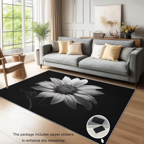 Vintage Waschbarer Teppich Wohnzimmer 90 x 150 cmKurzflor rutschfest Sonnenblumensimplicityart Teppich Weich Teppiche mit Druckmuster für Schlafzimmer, Esszimme Schwarz und Weiß Vintage Waschbarer Teppich Wohnzimmer 90 x 150 cmKurzflor rutschfest Sonnenblumensimplicityart Teppich Weich Teppiche mit Druckmuster für Schlafzimmer, Esszimme Schwarz und Weiß von Generic