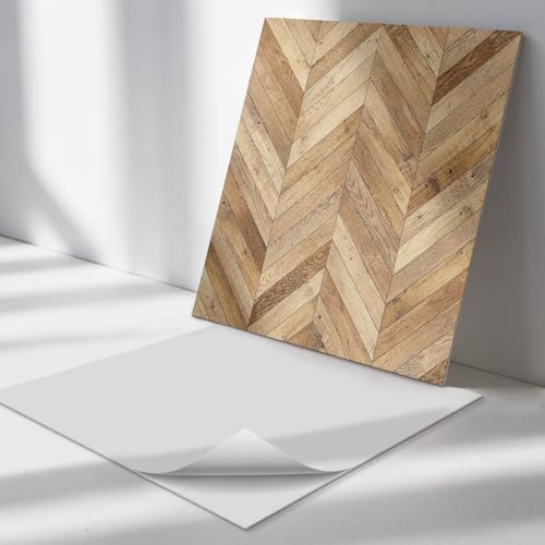 Vinyl Fliesen Quadratisch 20x20 cm Wand und Boden PVC für Küche und Badezimmer Wasserfest Selbstklebend 20 Stück Küchenrückwand Bodenbelag Fliesenaufkleber - Fischgrätenmuster aus Holz von Generic