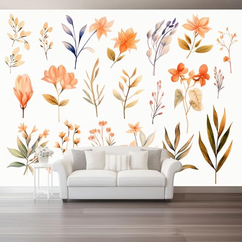 Vlies Fototapete Aquarellpflanzen Orange Blumen Laub 3D Effekt 400 X 280 Cm - Foto Tapete Moderne Vliestapete Xxl Wandtapete Motivtapeten Dekoration Für Wohnzimmer Schlafzimmer von Generic