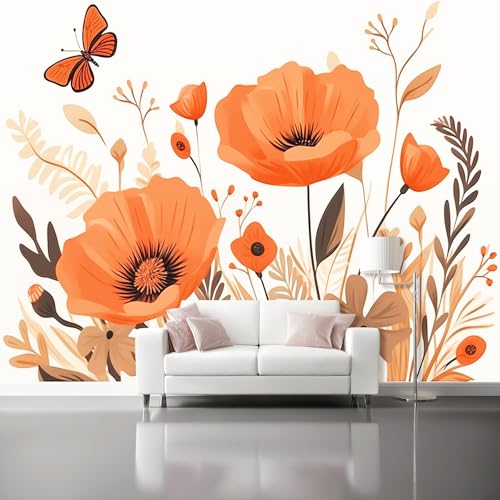 Vlies Fototapete Blumen Auf Dem Land Orangefarbener Schmetterling 3D Effekt 300 X 210 Cm - Foto Tapete Moderne Vliestapete Xxl Wandtapete Motivtapeten Dekoration Für Wohnzimmer Schlafzimmer von Generic
