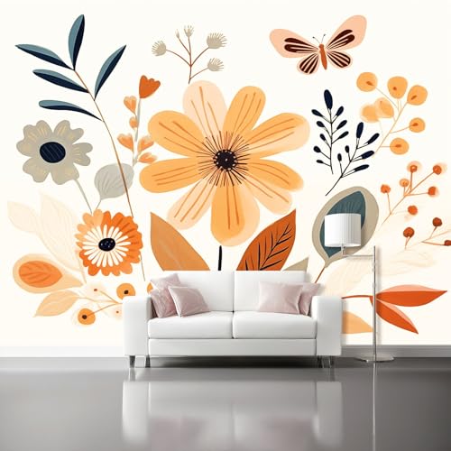 Vlies Fototapete Frische Blumen Orangefarbener Schmetterling 3D Effekt 350 X 256 Cm - Foto Tapete Moderne Vliestapete Xxl Wandtapete Motivtapeten Dekoration Für Wohnzimmer Schlafzimmer von Generic