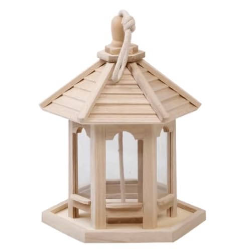 Vogelfütterer Holz-Vogelfutterhäuschen, durchsichtiges Vogelfutter-Samengehäuse, sechseckiger Pavillon, hängende Vogelkantine für Vogelfutter von Generic