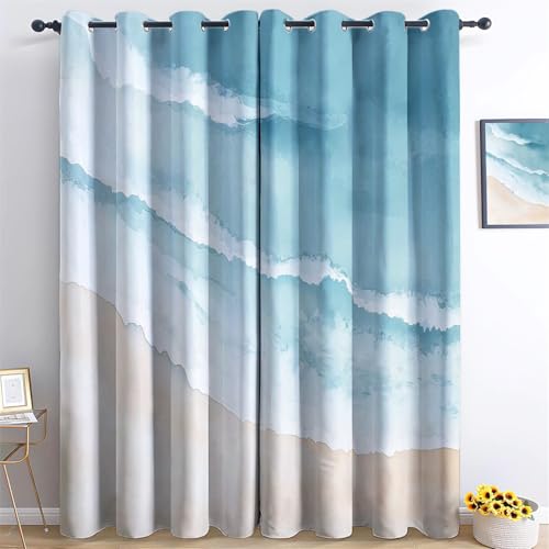 Vorhänge Abstrakter Aquarellstrand mit Ösen Blickdichte Gardinen Blau Blackout Curtain Thermovorhang für Kinder Teens, Weich Schlafzimmer Wohnzimmer Verdunklungsvorhänge H260 x B140 cm (2er Pack) von Generic