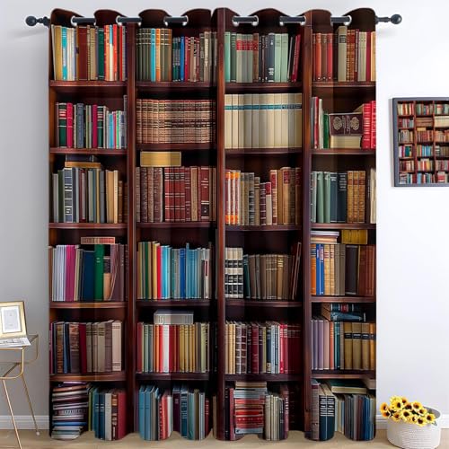 Vorhänge Blickdicht 2er Pack Vintage Bücherregal Bücher Weicher Thermogardinen Kälteschutz Winter Verdunklungsvorhänge H 160 x B 70 cm Ösenvorhang für Schlafzimmer Wohnzimmer, Bunt Vorhänge Blickdicht 2er Pack Vintage Bücherregal Bücher Weicher Thermogardinen Kälteschutz Winter Verdunklungsvorhänge H 160 x B 70 cm Ösenvorhang für Schlafzimmer Wohnzimmer, Bunt von Generic
