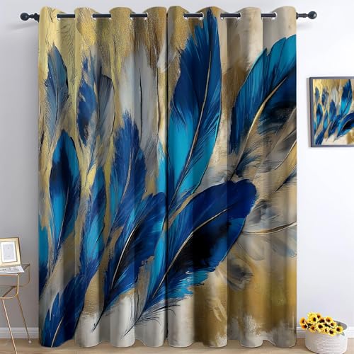 Vorhänge Blickdichte mit Ösen Gardinen 2er Set Elegante Textur Vögel Verdunkelungsvorhang Blau Gold Thermovorhang Ösenvorhang Schiebevorhänge für Schlafzimmer Wohnzimmer B 140 x H 160 cm von Generic