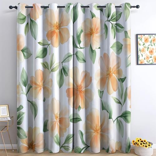 Vorhänge Blickdichte mit Ösen Gardinen 2er Set Pflanzenpfirsichblüte Blätter Verdunkelungsvorhang Orange Grün Thermovorhang Ösenvorhang Schiebevorhänge für Schlafzimmer Wohnzimmer B 200 x H 245 cm von Generic
