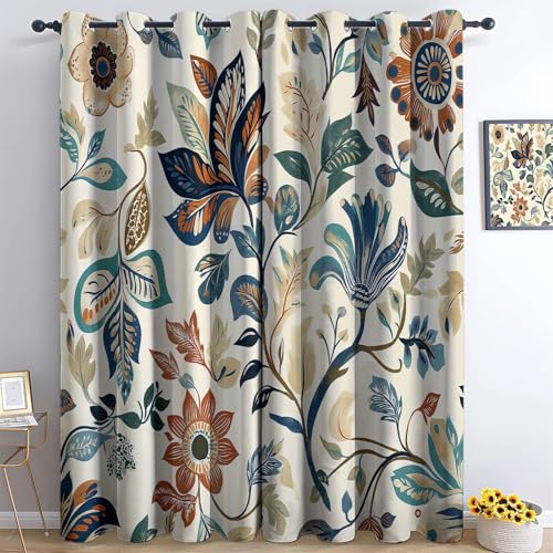 Vorhänge Blickdichte mit Ösen Gardinen 2er Set Retro-Pflanzen Und Blumen Verdunkelungsvorhang Bunt Thermovorhang Ösenvorhang Schiebevorhänge für Schlafzimmer Wohnzimmer B 200 x H 245 cm von Generic