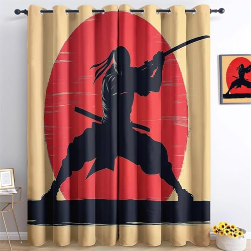 Vorhänge Einfacher Japanischer Ninja Ösen Gardinen mit Blickdichte Thermo Weich Vorhang Kälteschutz Blackout, Vorhänge Gelb Rot Kinderzimmer Schlafzimmer, H140 x B90 cm (2er Pack) von Generic