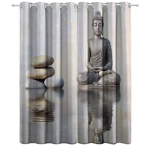 Vorhänge Eleganter Und Heiterer Buddha mit Ösen Blickdichte Gardinen Hellgrau Blackout Curtain Thermovorhang für Kinder Teens, Weich Schlafzimmer Verdunklungsvorhänge H140 x B90 cm (2er Pack) von Generic