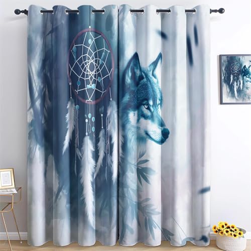 Vorhänge Fantasy Traumfänger Wolf Motiv, Vorhang Blickdicht Verdunklungsvorhänge Thermovorhang mit Ösen, Blau Gardinen Wohnzimmer Schlafzimmer Fenster H214 x B91.5 cm (2er Pack) von Generic