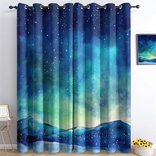 Vorhänge Galaxie Nachthimmel Motiv, Vorhang Blickdicht Verdunklungsvorhänge Thermovorhang mit Ösen, Blaugrün Gardinen Wohnzimmer Schlafzimmer Fenster H183 x B117 cm (2er Pack) von Generic