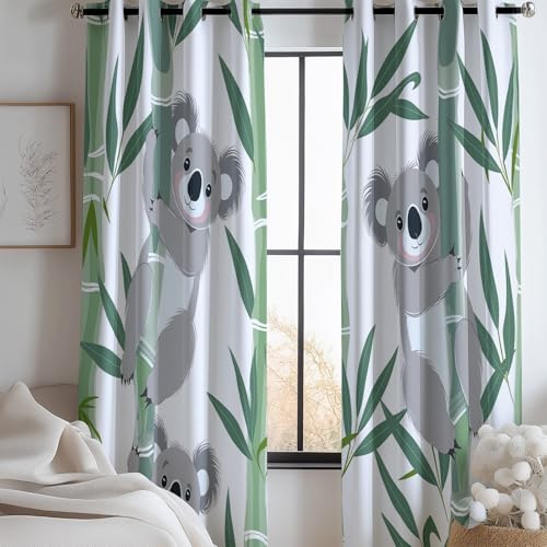 Vorhänge Koala Bambus Cartoon Verdunkelungsvorhänge mit Ösen Energiesparend Grün Grau Bedruckte Vorhänge 2er Pack Set Geeignet für Schlafzimmer Wohnzimmerdekoration H 160 x B 70 cm von Generic