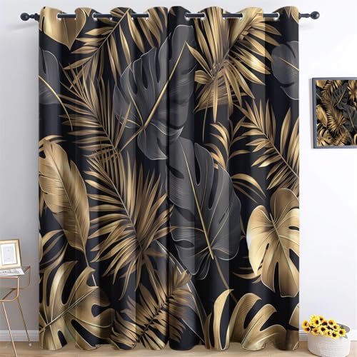Vorhänge Schwarzes Gold Muster - Goldene Monstera-Blätter Fenster Gardinen mit Ösen, Vorhang Blickdicht Verdunklungsvorhänge Thermovorhang für Wohnzimmer Schlafzimmer H213 x B132 cm (2er Pack) (B x H) von Generic