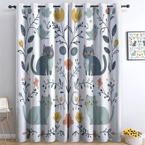 Vorhänge Süße Katze, Blumen Blickdichte Gardinen mit Ösen Thermo Vorhänge Weiß Weich Verdunkelungsvorhänge Wohnzimmer Schlafzimmer Vorhang H183 x B117 cm (2er Pack) für Kinder Teenager von Generic
