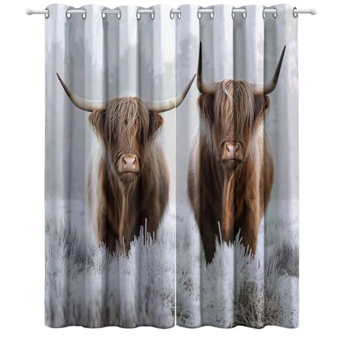 Vorhänge Tier Hochlandrind mit Ösen Blickdichte Gardinen Weiß Braun Blackout Curtain Thermovorhang für Kinder Teens, Weich Schlafzimmer Wohnzimmer Verdunklungsvorhänge H140 x B90 cm (2er Pack) von Generic