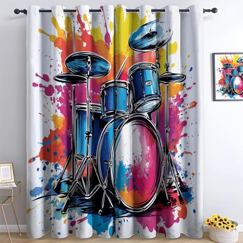 Vorhänge Verdunkelung Blickdicht Gardinen Wohnzimmer, H 245 x B 100 cm (2er Pack) Graffiti Cartoon Schlagzeug Thermogardine mit Ösen Schlafzimmer Kälteschutz Verdunklungsvorhange Bunt von Generic
