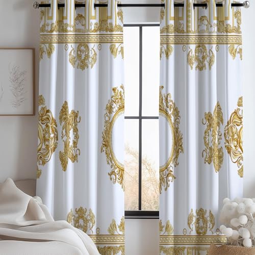 Vorhänge Verdunkelung Blickdicht Gardinen Wohnzimmer H 245 x B 150 cm (2er Pack) Einfach Luxuriös Muster Kälteschutz Thermogardine mit Ösen Schlafzimmer Küche Kinderzimmer Studie, Gold Weiß von Generic
