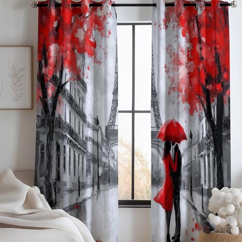 Vorhänge Vorhang Blickdicht Gardinen Ölgemälde Paar Eiffelturm Muster Verdunkelung mit Ösen H215 x B110 cm (2er Pack) Raumverdunkelung hitzeblockierend Vorhangdekoration für Schlafzimmer Rot Grau von Generic
