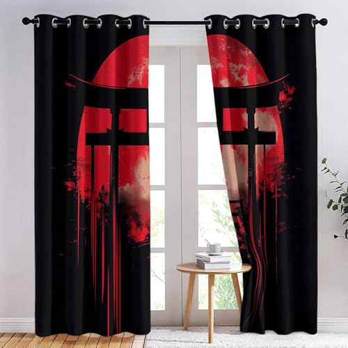 Vorhänge Wohnzimmer Japanischer Torii-MondVorhänge Wohnzimmer Rot Schwarz Drucken Gardinen Fenster Vorhang Transparent mit Ösen Set Modern Schlafzimmer Vorhänge H165 x B75 cm (2er Pack) von Generic