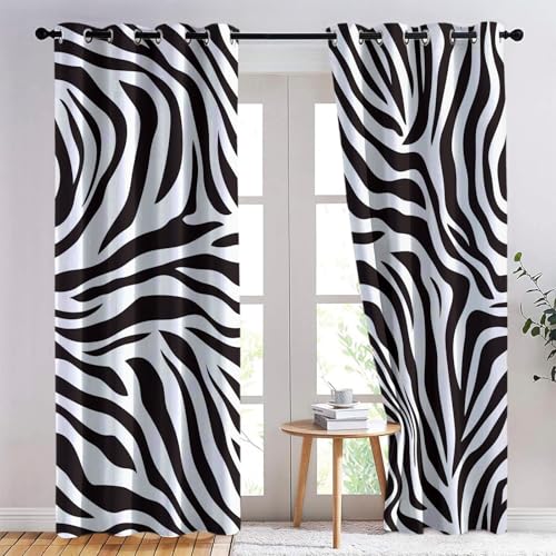 Vorhänge Wohnzimmer Tier Zebra Streifen Muster, Schöne Schwarz Drucken Gardinen Fenster Vorhang Transparent mit Ösen Set Modern Schlafzimmer Vorhänge H215 x B110 cm (2er Pack) von Generic