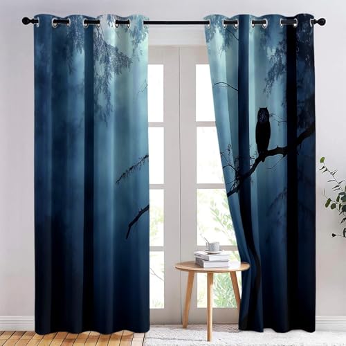 Vorhänge Wohnzimmer Tiere Im Nebligen DschungelVorhänge Wohnzimmer Dunkelblau Schwarz Drucken Gardinen Fenster Vorhang Transparent mit Ösen Set Modern Schlafzimmer Vorhänge H165 x B75 cm (2er Pack) von Generic
