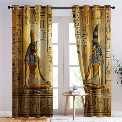 Vorhang Abstrakt Ägyptische Runen Drucken Gelb mit Ösen Verdunklungsvorhänge Gardinen Thermo Vorhänge Blackout Curtain Kinder Wohnzimmer Schlafzimmer H166 x B75 cm (2er Pack) von Generic