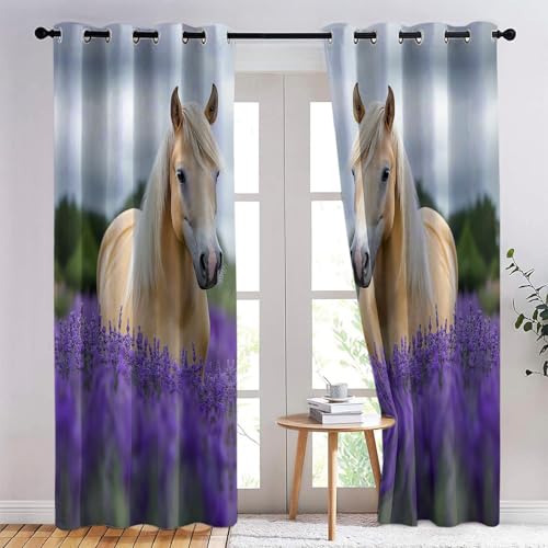 Vorhang Abstrakt Blumen Pferd Drucken Grau Lila mit Ösen Verdunklungsvorhänge Gardinen Thermo Vorhänge Blackout Curtain Kinder Wohnzimmer Schlafzimmer H230 x B117 cm (2er Pack) von Generic