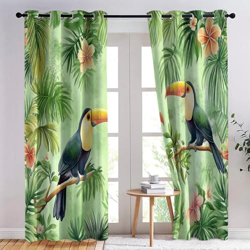 Vorhang Abstrakt Blumen Und Vögel Drucken Grün mit Ösen Verdunklungsvorhänge Gardinen Thermo Vorhänge Blackout Curtain Kinder Wohnzimmer Schlafzimmer H166 x B75 cm (2er Pack) von Generic