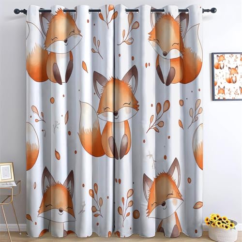 Vorhang Blickdicht Gardinen Cartoon Aquarell Fuchs Muster Verdunkelung mit Ösen Polyester Ösenschal Vorhänge Orange Farbe für Schlafzimmer Wohnzimmer Dekor H214 x B91.5 cm (2er Pack) von Generic