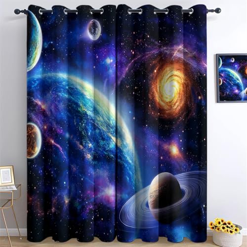Vorhang Blickdicht Gardinen Fantasy Nebel Galaxie Muster Verdunkelung mit Ösen Polyester Ösenschal Vorhänge Blau Lila für Schlafzimmer Wohnzimmer Dekor H140 x B90 cm (2er Pack) von Generic