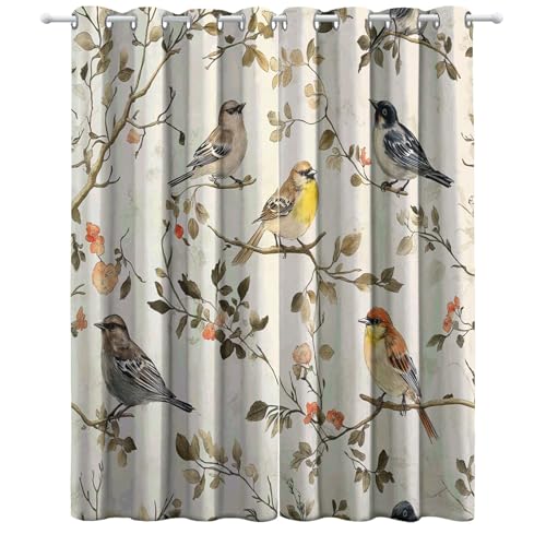 Cremefarben Blickdichte Gardinen mit Ösen, Vorhänge Thermo H 140 x B 90 cm (2er Pack) für Kinderzimmer Schlafzimmer Wohnzimmer, Vorhang Aquarell Zweige Vögel Muster von Generic