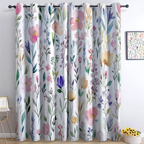 Vorhang Blickdicht Vorhänge mit Ösen Gardinen Aquarellblumen Deko Ösenvorhang Dekoschal Dekogardinen für Schlafzimmer Wohnzimmer H140 x B90 cm (2er Pack), Bunt von Generic