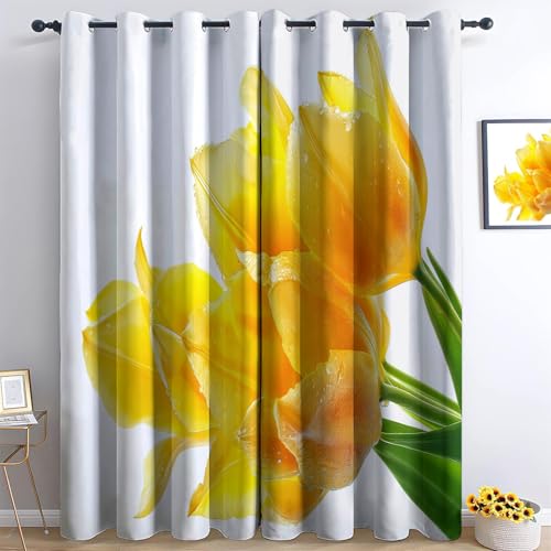 Vorhang Blickdicht Vorhänge mit Ösen Gardinen Blume Tulpe Deko Ösenvorhang Dekoschal Dekogardinen für Schlafzimmer Wohnzimmer H140 x B90 cm (2er Pack), Gelb von Generic