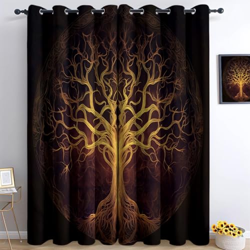 Vorhang Blickdicht Vorhänge mit Ösen Gardinen Fantasie Baum des Lebens Deko Ösenvorhang Dekoschal Dekogardinen für Schlafzimmer Wohnzimmer H140 x B90 cm (2er Pack), Braun Gold von Generic