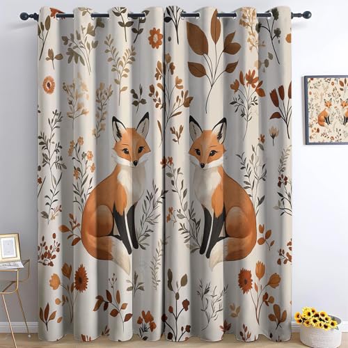 Vorhang Blickdicht Vorhänge mit Ösen Gardinen Handgemalte Tiere Tier Fuchs Deko Ösenvorhang Dekoschal Dekogardinen für Schlafzimmer Wohnzimmer H183 x B117 cm (2er Pack), Braun von Generic